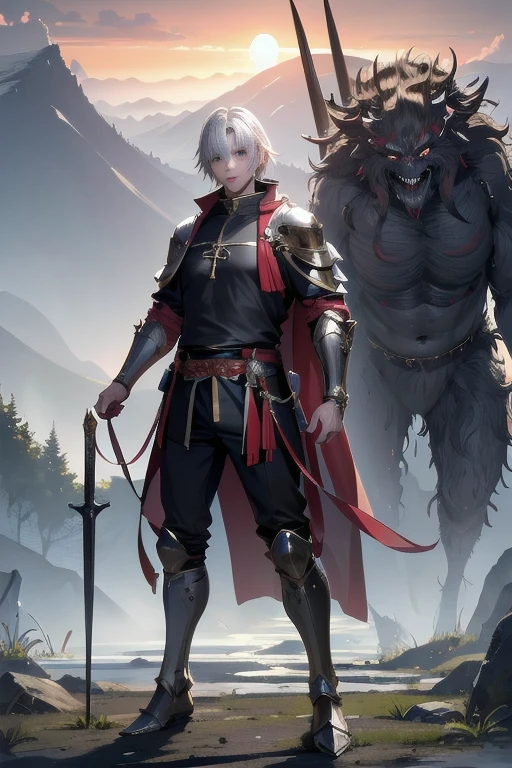 Middle-aged male, white hair, dragon armor, fierce determination, standing on path