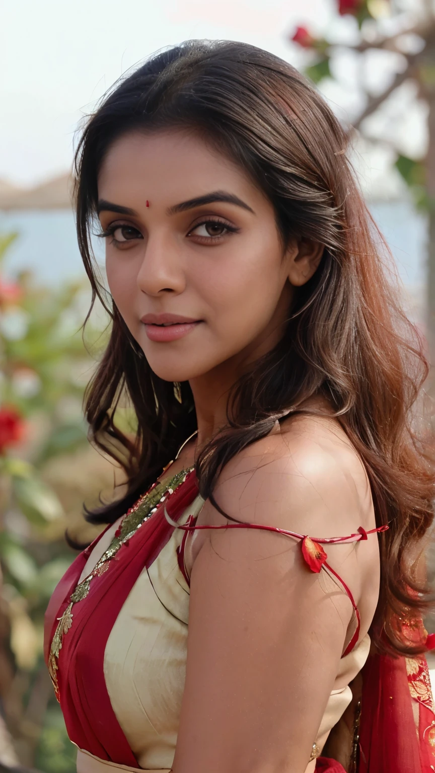 extreme close up photo of ((Asin)), ((Asin)), front view, red saree and red  blouse , looking at camera, black back ground with red rose petals