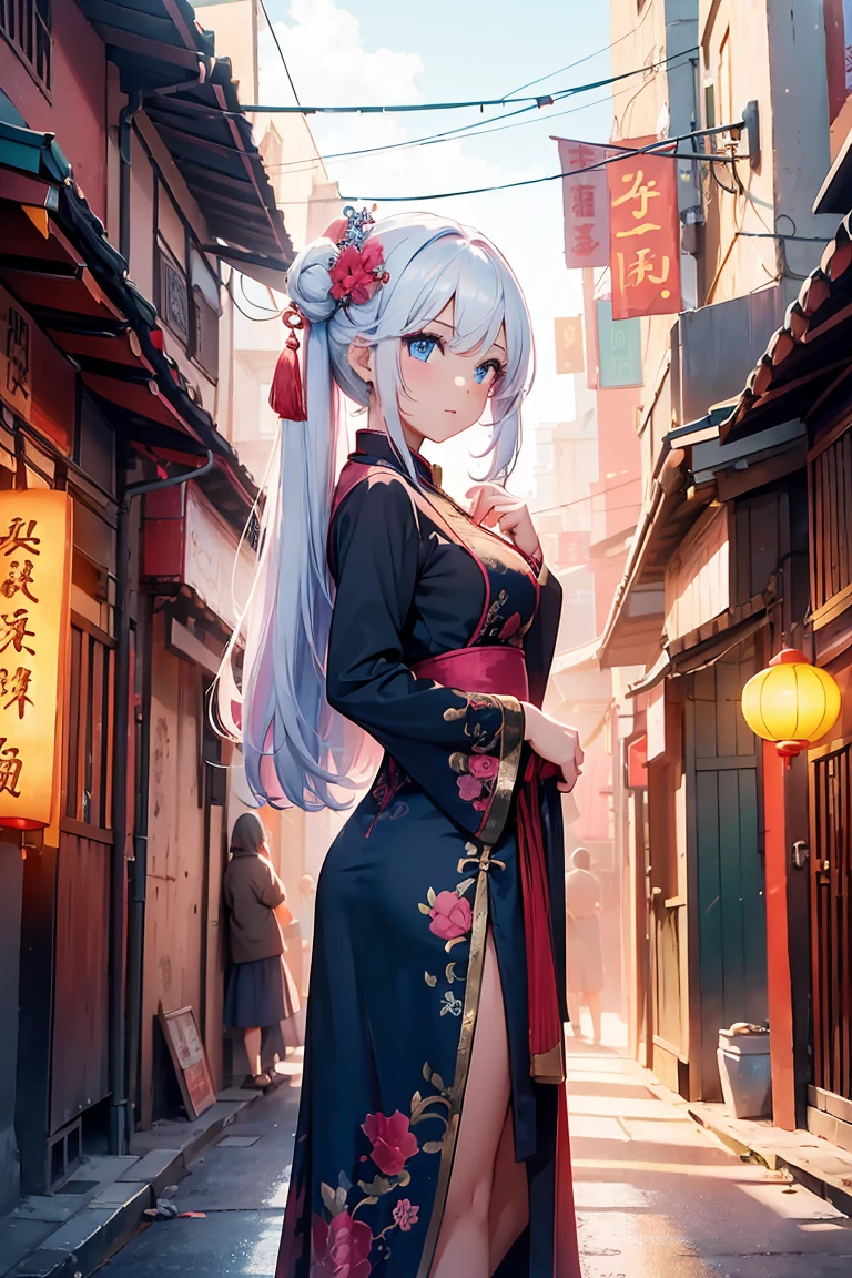 Shirakami Fubuki/(Holographic live broadcast/),masterpiece, best quality, 8k, movie light, ultra high resolution, Chinese painting, 1 girl, alone, Medium chest, night, moon, city street, headgear, hair flower, Chinese Arts, Hanfu, branch, long hair, belt, Upper body, China costume, jewelry, long sleeves, earrings, flower branch,