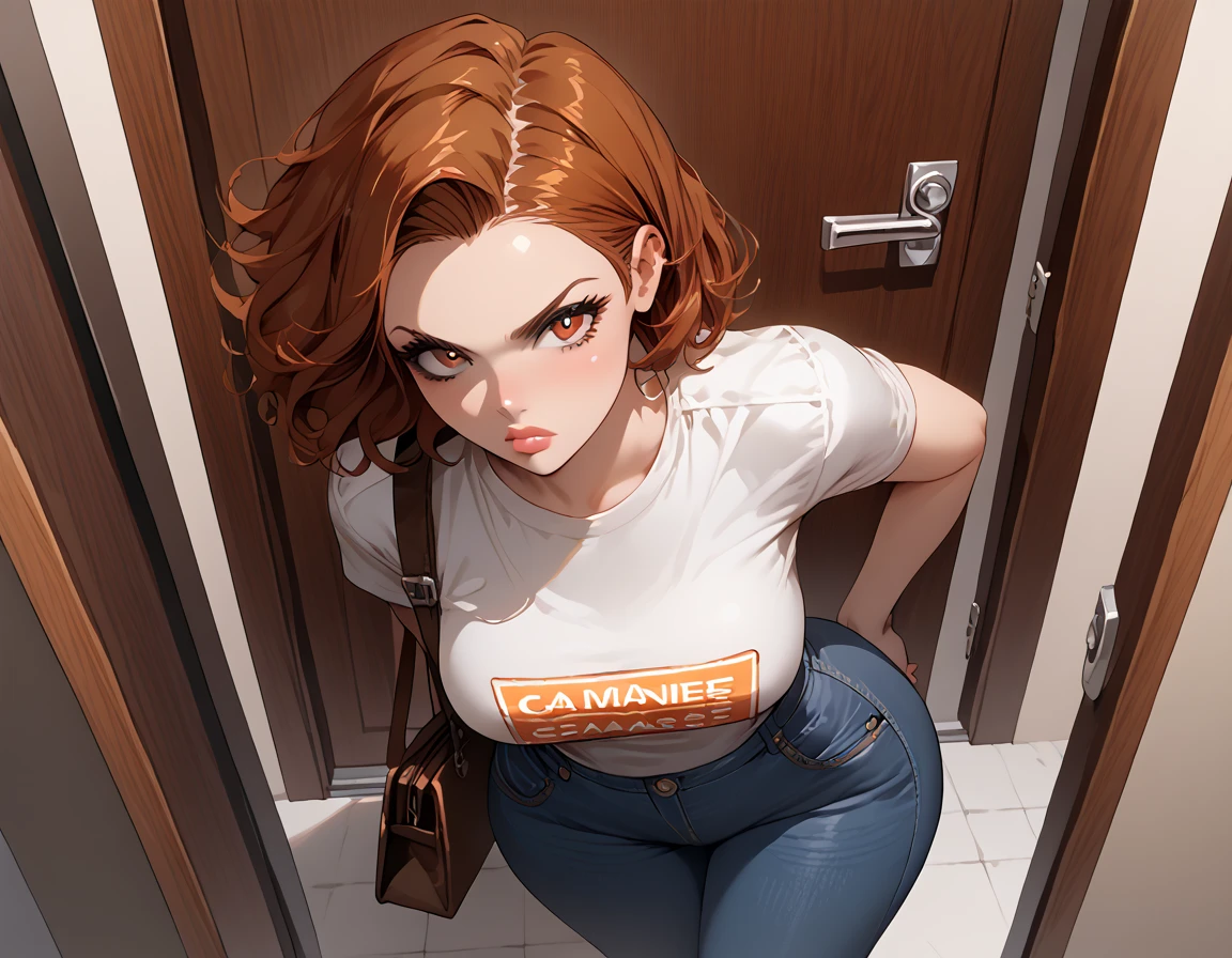 {{score_9, score_8_above, score_7_above, source_anime, Assessment_ sure}}  soft shading , 1girl, auburn hair, straight hair, lips,  brown eyes, wide hips, jeans pants, employee shirt, annoyed expression, carrying a satchel,  standing at the front door,  looking at the viewer.