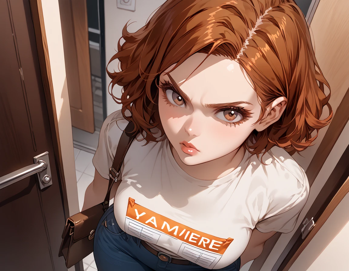 {{score_9, score_8_above, score_7_above, source_anime, Assessment_ sure}}  soft shading , 1girl, auburn hair, straight hair, lips,  brown eyes, wide hips, jeans pants, employee shirt, annoyed expression, carrying a satchel,  standing at the front door,  looking at the viewer.