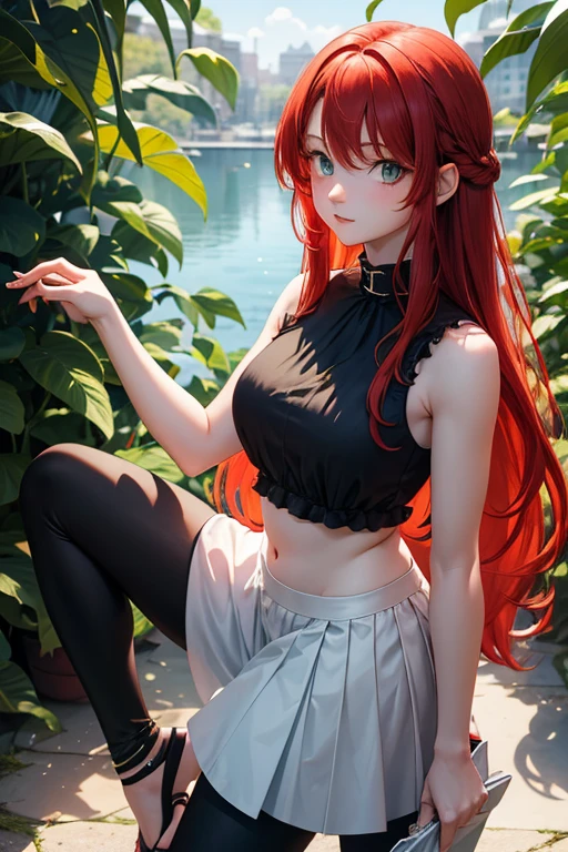 (Masterpiece, Photorealistic, photo realism, 8K, Best Quality, Ultra-detailed), cinematiclight, official arts, (1girl), (独奏), Smooth skin, Sunset, white mini skirt, redhead woman, dim lighting, dim lighting on the face, freckled skin, Skin, Mature woman, in the mountains, bright red disheveled loose hair, Lace Crop Top, the perfect body, skinny waist, Beautiful eyebrows, A perfect hips, beatiful face, beautiful blue eyes