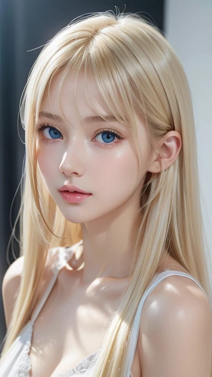 Portrait、、Gentle expression、ponytail、Young shiny glossy white glossy skin、Great looks、Blonde reflection、Platinum blonde hair with dazzling highlights、Bangs between the eyes、bangs on the face、、Shiny bright hair,、Smooth, super long, straight hair、Shiny beautiful bangs、Sparkling, crystal clear, attractive big blue eyes、Very beautiful, lovely and cute 16 year old girl、Ample Bust、Healthy glowing skin、