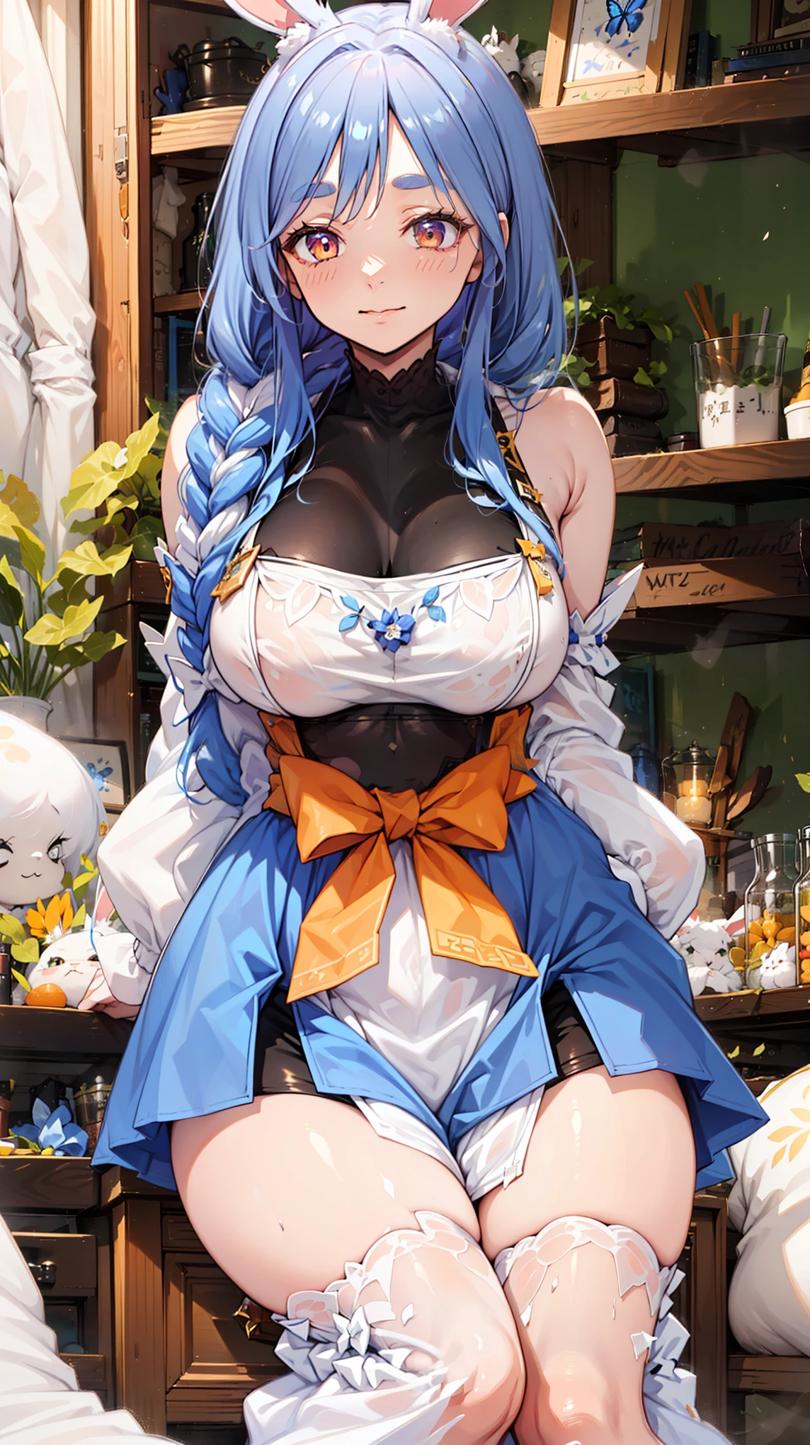      Unique          ,    pale   ,Rabbit ears ,   Top decorated with dark blue flowers and broad bands  {Ten}    Alice in a blue dress ，  with Black Decorations     ,     一位身穿低胸衣的miss     , Blue Ribbon,    miss，，   Top decorated with dark blue flowers and broad bands    , Long skirt，Butterfly impact ， Dark Priest ， black magic，  Force of Chaos  ，  broken clothes ，Falling Impact  