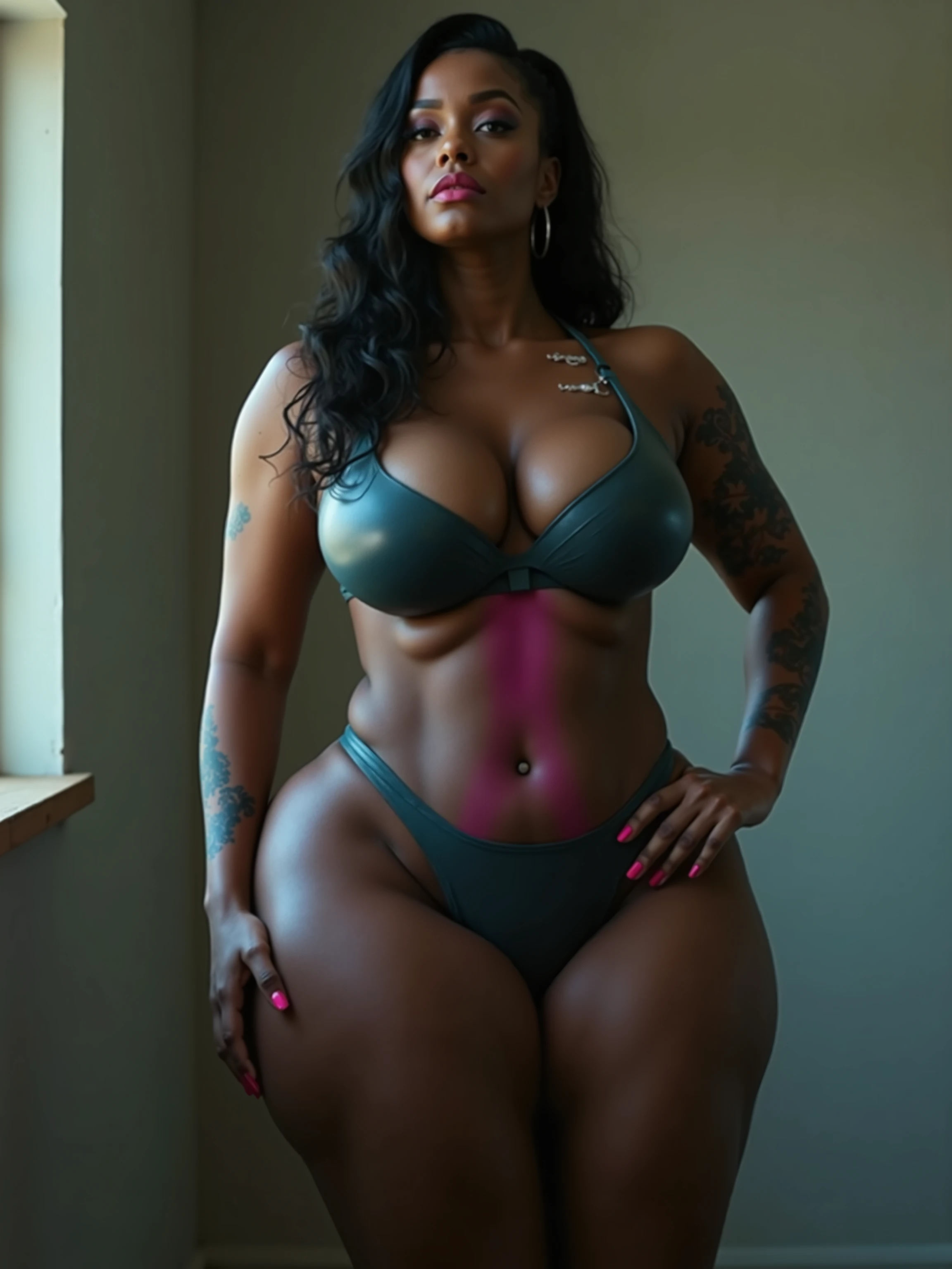 analog style, RAW photo, sfw,photography, hyper photorealistic, amateur photo shot of a light skin curvy black woman sitting in front of her pc, gaming chair, smiling, dressed in pink, high heels, monitor on showing adult website, in her streaming room, detailed skin, soft natural raw light, highly detailed, best quality, ultra detailed, extremely detailed, taken from mobile camera, f/22, deep depth of field, grain, noise, huge cleavage showing, nipples perking through, extreme sexiness, safe for work