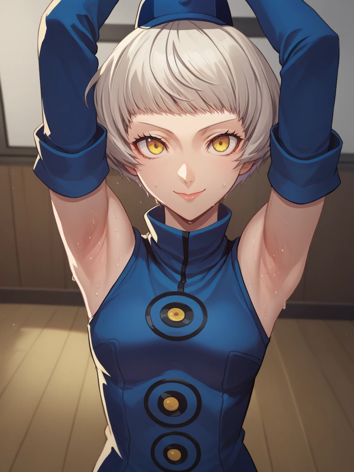 score_9, score_8_up, score_7_up, source_anime, anime screencap, 1girl, solo, elizabeth from persona 3, blue hat, yellow eyes, short hair, white hair, detached sleeves, shirt, blue shirt, turtleneck shirt, arms up, raised arms, armpits, medium breasts, from above, looking at viewer, head towards viewer, smile, closed mouth, badhandv4, indoors, on stage, sweaty armpits, sweating