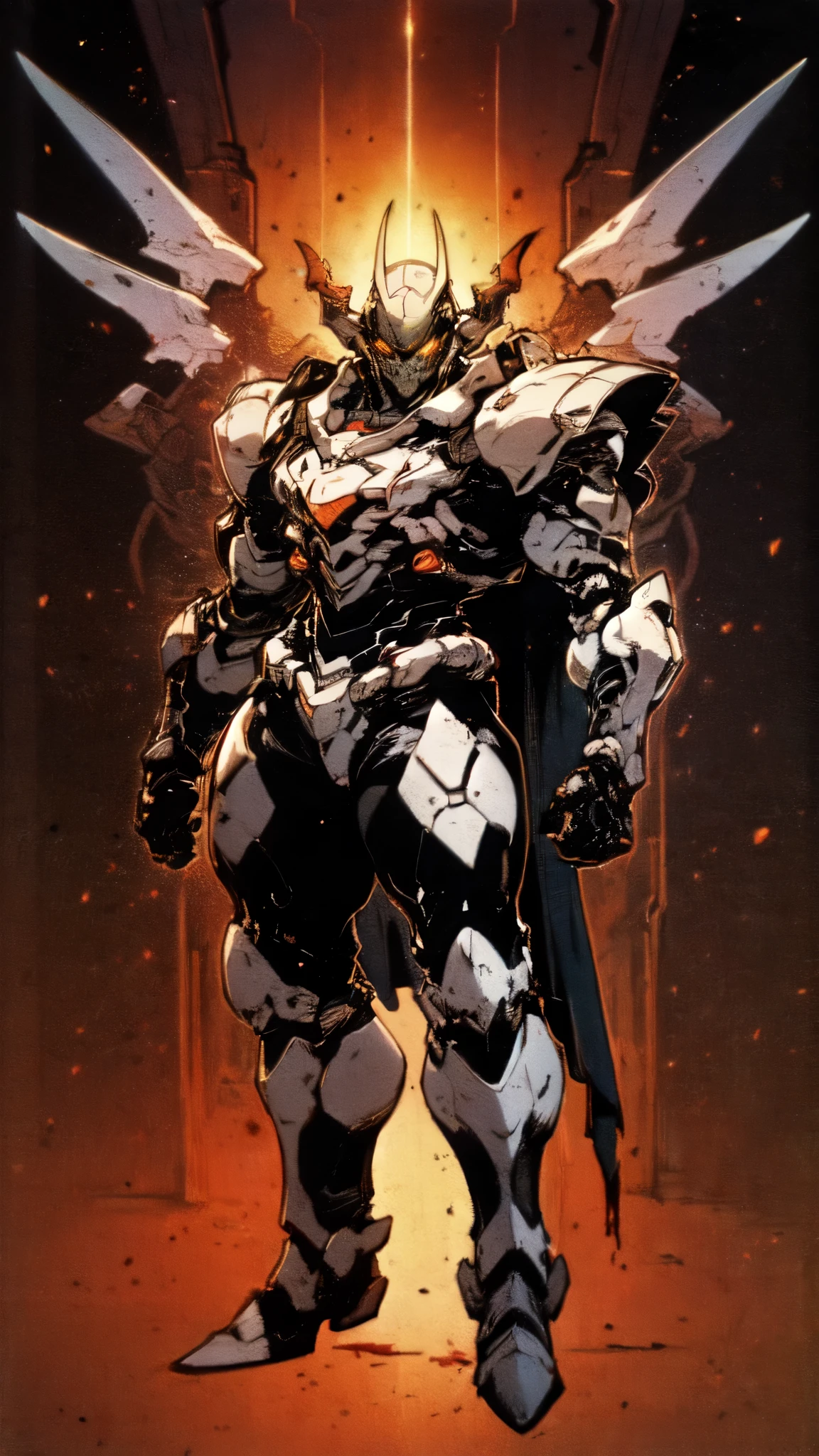 (masterpiece:1.5, best quality:1.5, extremely delicate:1.5), ((male:1.5)), a man wearing a full-face helmet, high-tech biomimetic armored combat suit, (a composite layered chest armor), the design balances heavy with agility, fully enclosed shoulder guards, matching arm and leg guards, a belt of gemstone, (the color scheme is primarily Red with Purple and Yellow accents, Organic Biotech, Concept Inspired by Vampire, glowing eyes, armor glows, huge cloak like devil wings, blood), stand of a futuristic sci-fi city, this character embodies a finely crafted fantasy-style armored hero in anime style, exquisite and mature art style, metallic, high definition, highres, ultra-detailed, ultra-fine painting, professional, perfect body proportions, golden ratio, anatomically correct, symmetrical face, extremely detailed eyes and face, high quality eyes, creativity, RAW photo, UHD, 32k, Natural light, cinematic lighting, (masterpiece-anatomy-perfect:1.2)