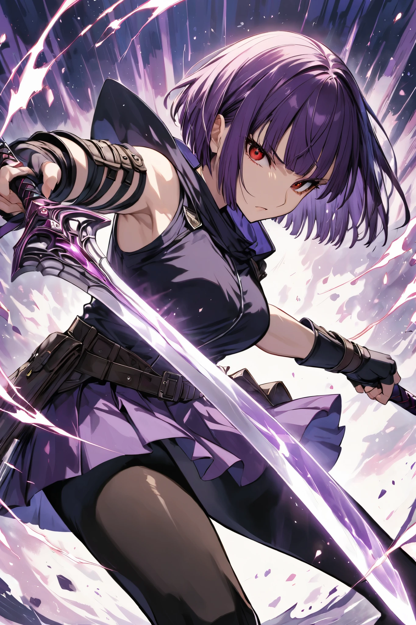 ,{{{Red Eyes}}},from below, female magic swordsman in a mini skirt holding a slender sword 、Armor that integrates a knee-knee brace and shin brace、sleeveless robe、Magic Activation、 action、He is holding a slender sword、hand,Fingerless gloves、 purple hair、 bob cut 、Blunt bangs,、 pantyhose、 True Love、Cool look、 animated illustration、