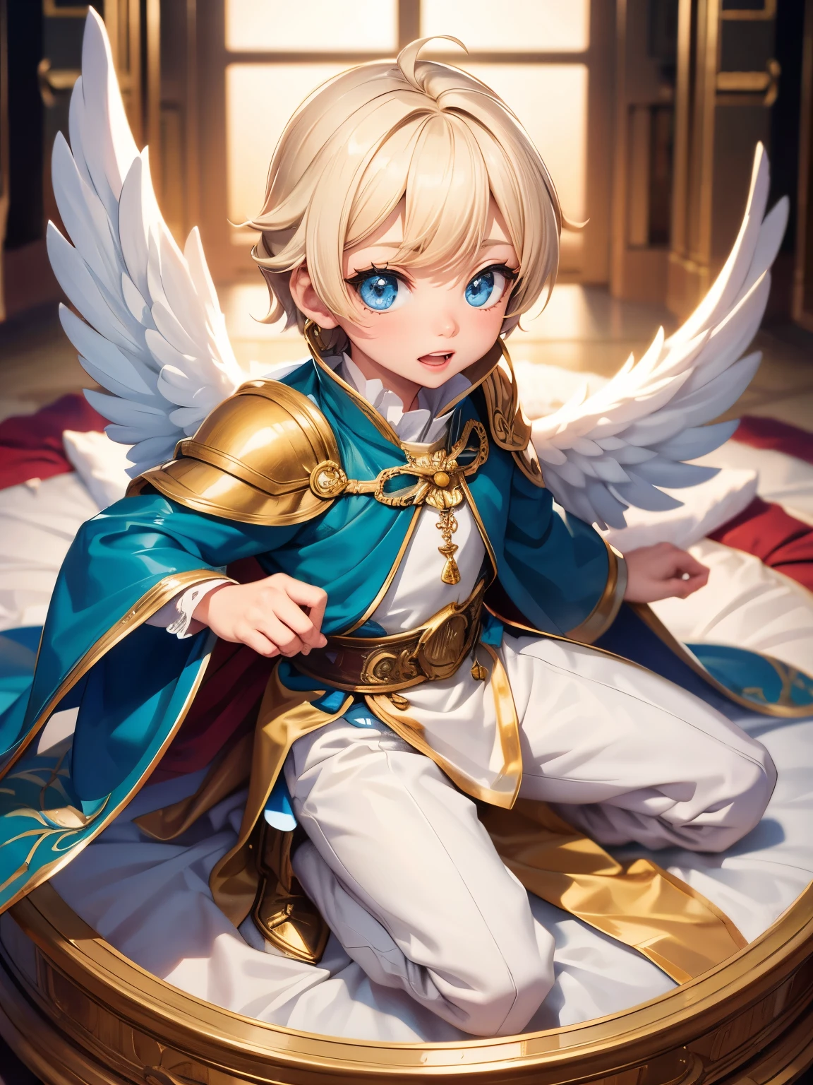 A Chibi boy, cute character , Boy gender male, blonde with blue eyes, with white wings on its back, dressed in prince's clothes, medieval clothes , fancy, sitting on a cloud
