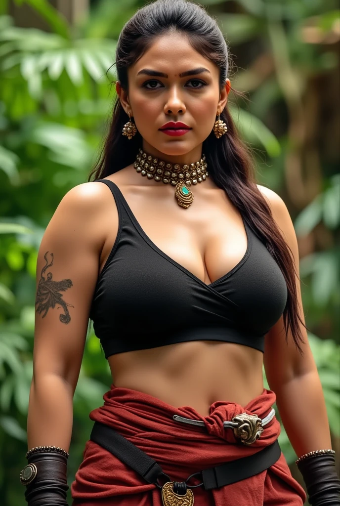 Night scene, forest background, night sky with red moon, stars, romantic and seductive, moonlight, wide angle photo of a Indian, vivacious, heavily tattooed, seductive pose, beautiful legs, mature body, thick thighs, realistic body parts, cheeks, curvy, big breasts, Hollywood lips, saree, accessories, earrings, necklace, erotic face, 30 yo, long black and red hair, look at viewer and smile, pleasant mood, calm color palette, unified 16k wallpaper, ultra realistic, intricate details, masterpiece, (cinematic:1.3), intricate details, (ArtStation:1.2)