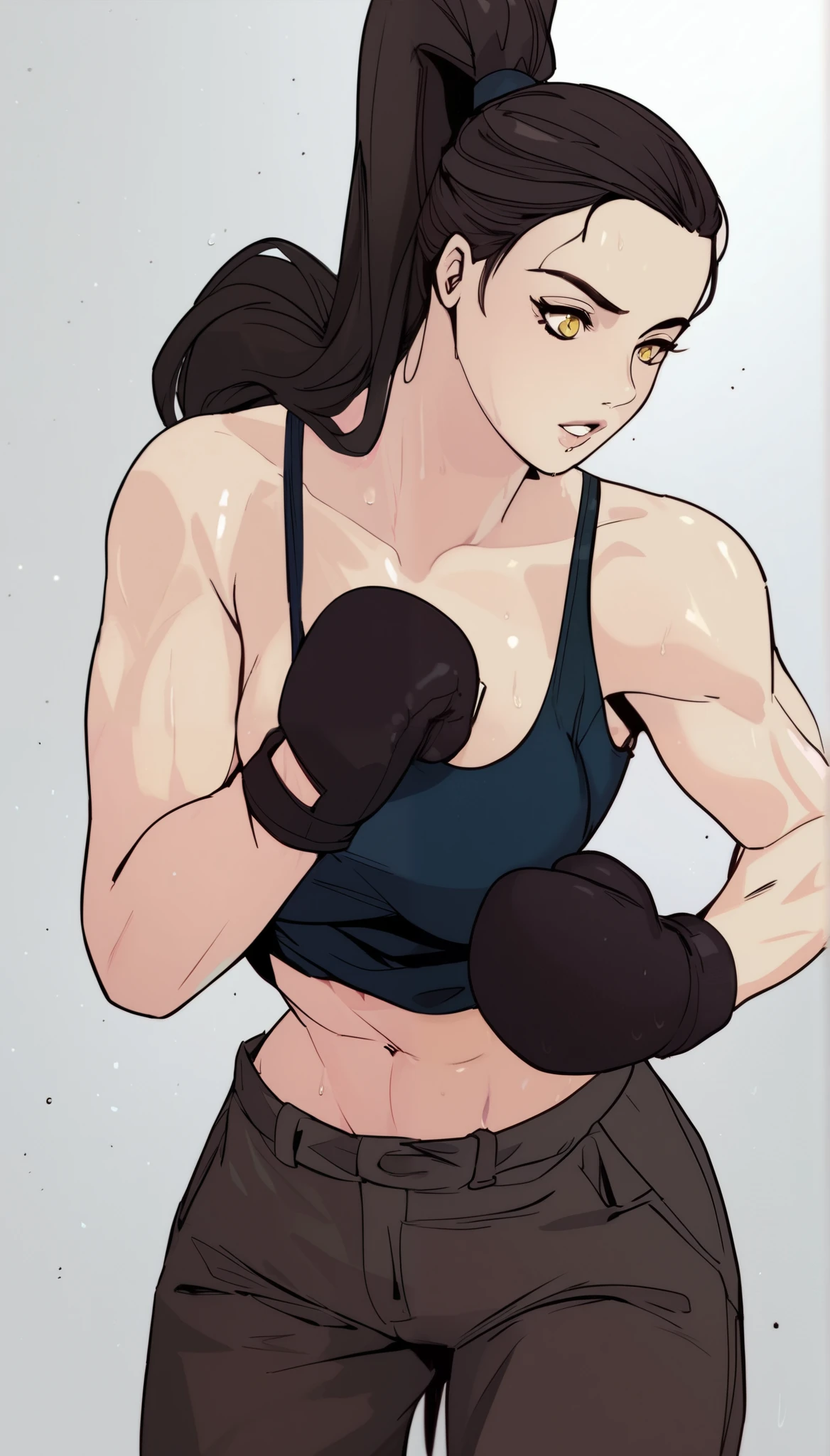 (original) , (very detailed wallpaper) , (best quality) , (masterpiece) , photographic reality, realistic, very detailed illustrations, (1 girl) , beautiful eyes, (delicate face) , perfect detail, (best lighting) , (super complex details) , 
 (boxing girl) , (aggressive punching) , sweat, heavy breathing, (oppressive attack) , (boxing ring) , athletic shorts, perfect detail, perfect fingers, perfect limbs, impact, (shiny skin) , abs, muscles, waistline,boxing shorts, fist fight, black hair, high ponytail, very long hair, 
4K unified, (super detailed CG: 1.2) , (8K: 1.2) , realistic, octane rendering
