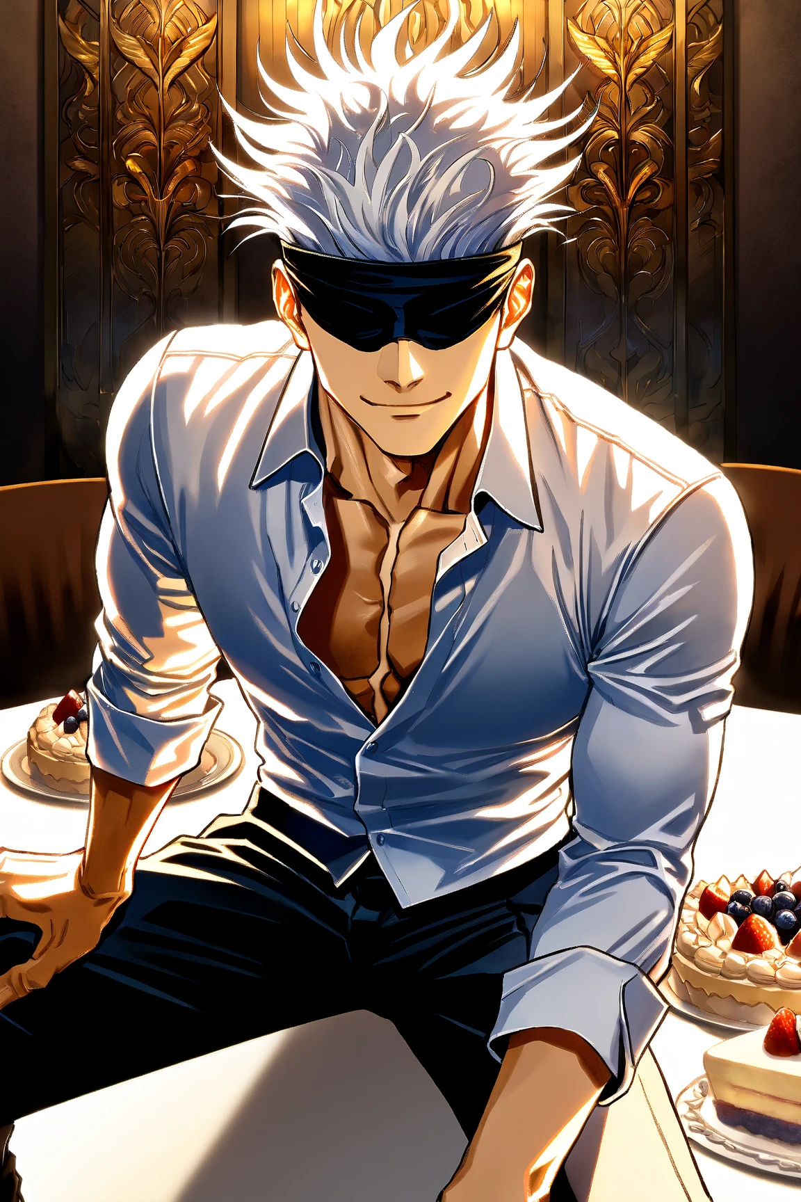 (absurdos, Altas Resoluciones, Ultra detallado, HDR), Obra maestra, nsfw, La mejor calidad, jujutsu kaisen, gojo satoru, 1hombre solamente en combate, guapo, pelo corto, cabello blanco, Ojos azules vibrantes, ojos finos y cara detalladas, quitandose venda negra de los ojos, (((Fuego, llamas, a su espalda)) Armadura, ((Arma intrincada)). Final Fantasy, sexy, abs, badass pose, Chico de anime, Anime hombre guapo, Personaje masculino de anime, Badass Anime 8K, Arte detallado del personaje de anime, Concepto de anime HDR Anime MacManus, Chico anime, Ikuto Yamashita, Anime CG arte suave, Fondo de pantalla de manga 4 k, inspirado por Yamagata Hiro, Wallaper de anime