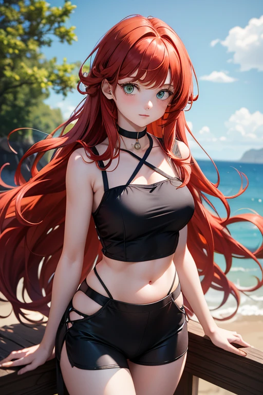 There's a woman with long red hair and a low-cut top, bare breasts, saia com fenda lateral mostrando as coxas, flowing red hair, longos ondulados brilhantes, foto de frente meio corpo, autumn scenario