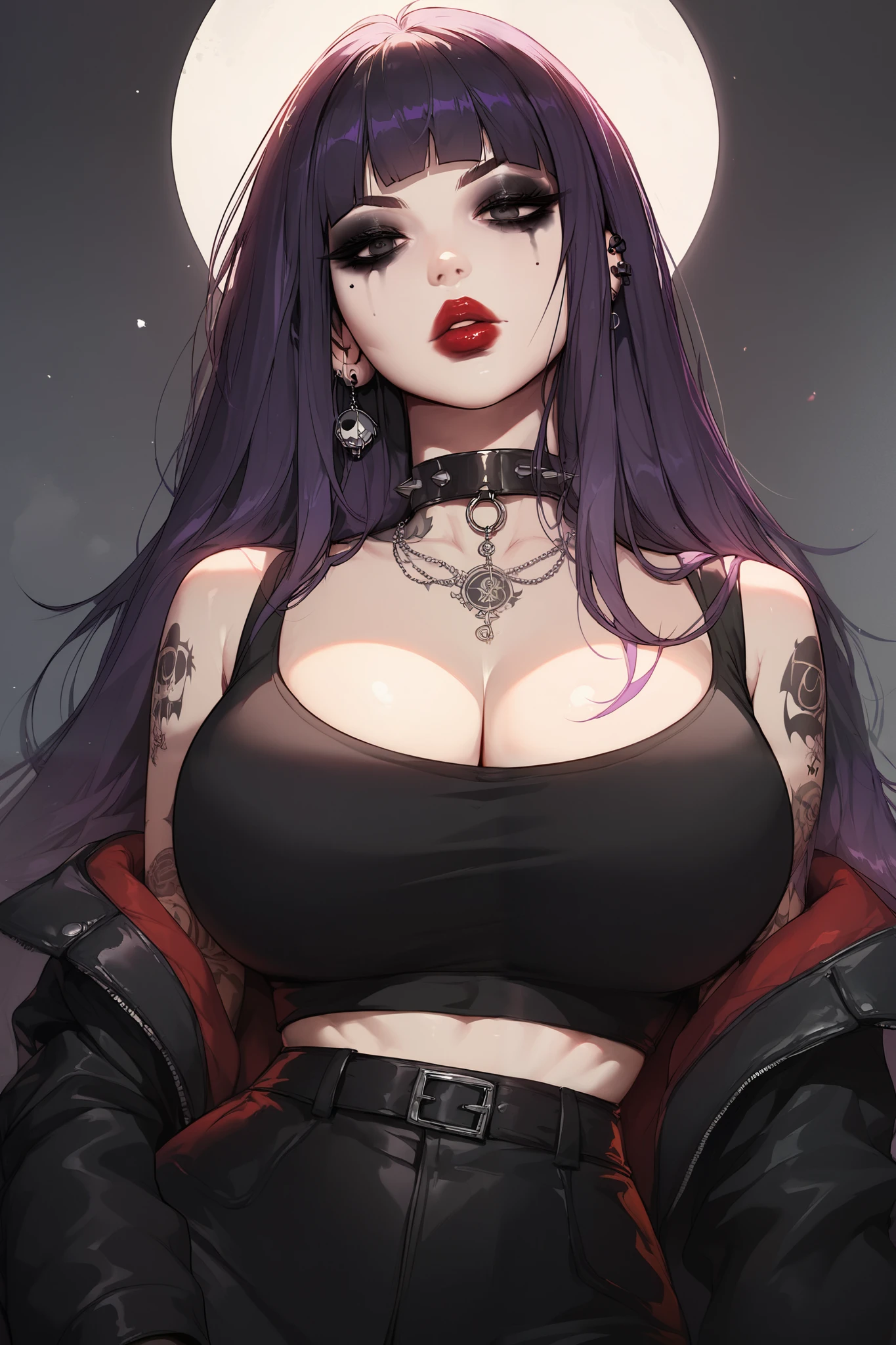 1 girl, Solo, Long hair, Bangs, Purple hair, Large breasts, black eyes, Red lips, dark circles under eyes, goth style, goth makeup, goth clotches, curvy body, lewd tattoos