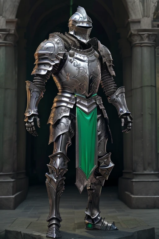 1 human skeleton,  realistic , with full-body silver-gray armor, Arms of the Green Armor, without helmet,  1 necklace with a large green gem