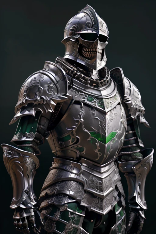 1 human skeleton,  realistic , with full-body silver-gray armor, Arms of the Green Armor, without helmet,  1 necklace with a large green gem