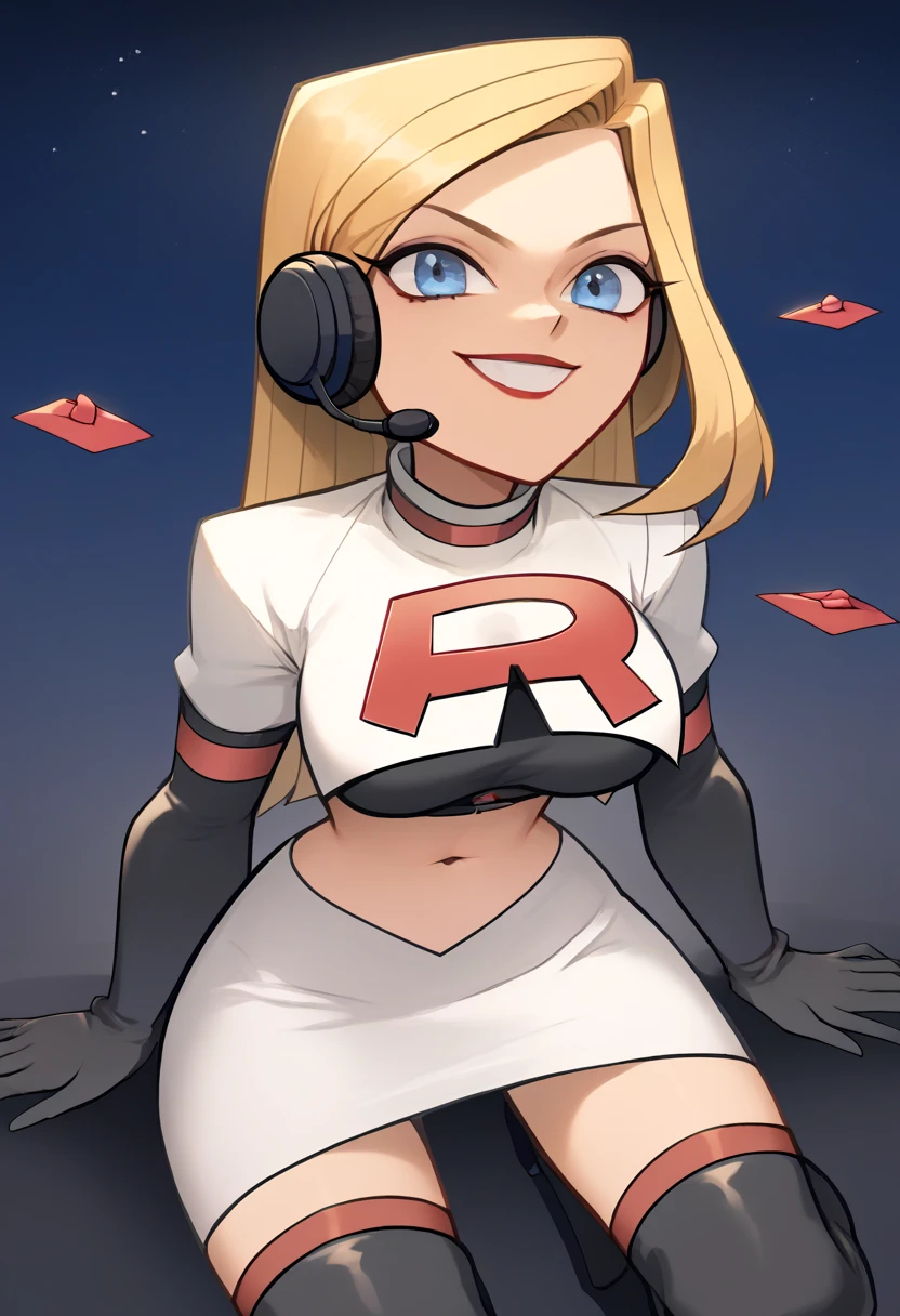 Team rocket, team rocket uniform, red letter R, white skirt,white crop top,black thigh-high boots, black elbow gloves, evil smile, night sky background, headset, large breasts, high-heeled boots, Heather_Total_Drama, black hair,