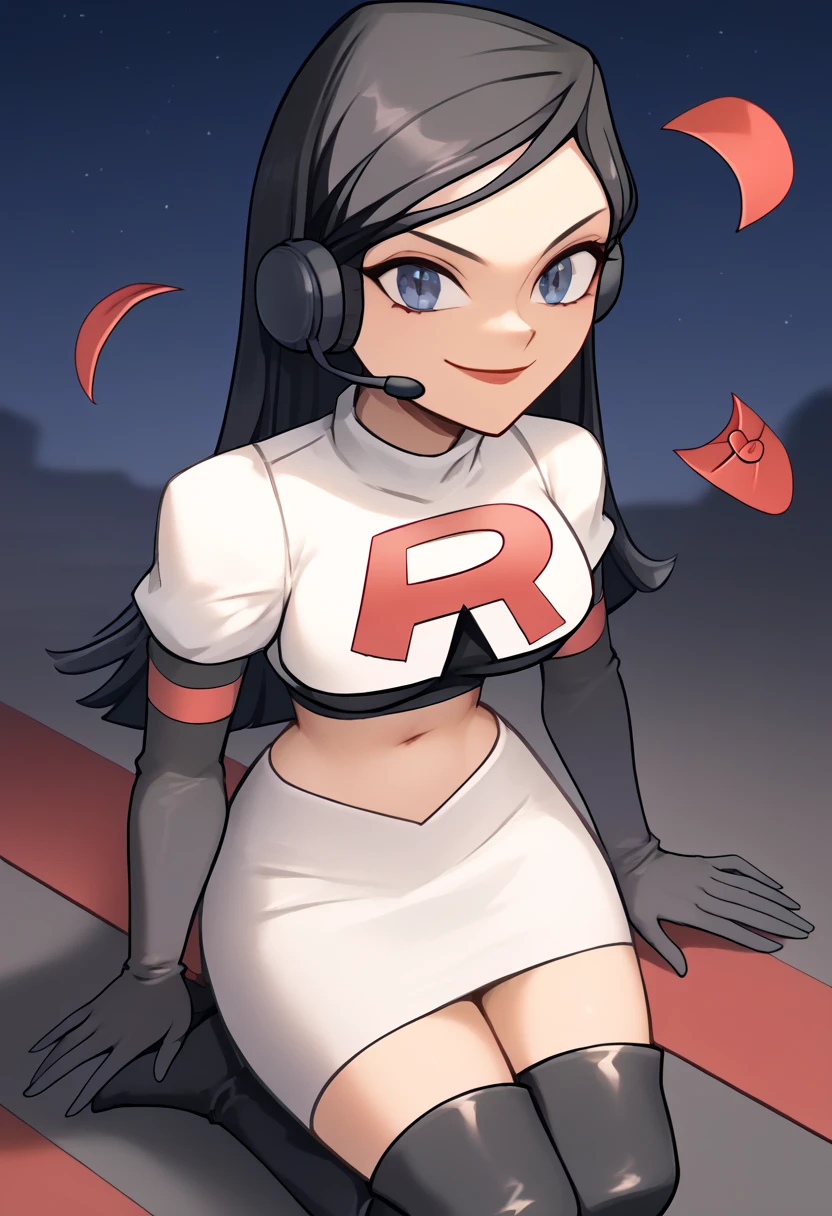 Team rocket, team rocket uniform, red letter R, white skirt,white crop top,black thigh-high boots, black elbow gloves, evil smile, night sky background, headset, large breasts, high-heeled boots, Heather_Total_Drama, black hair,