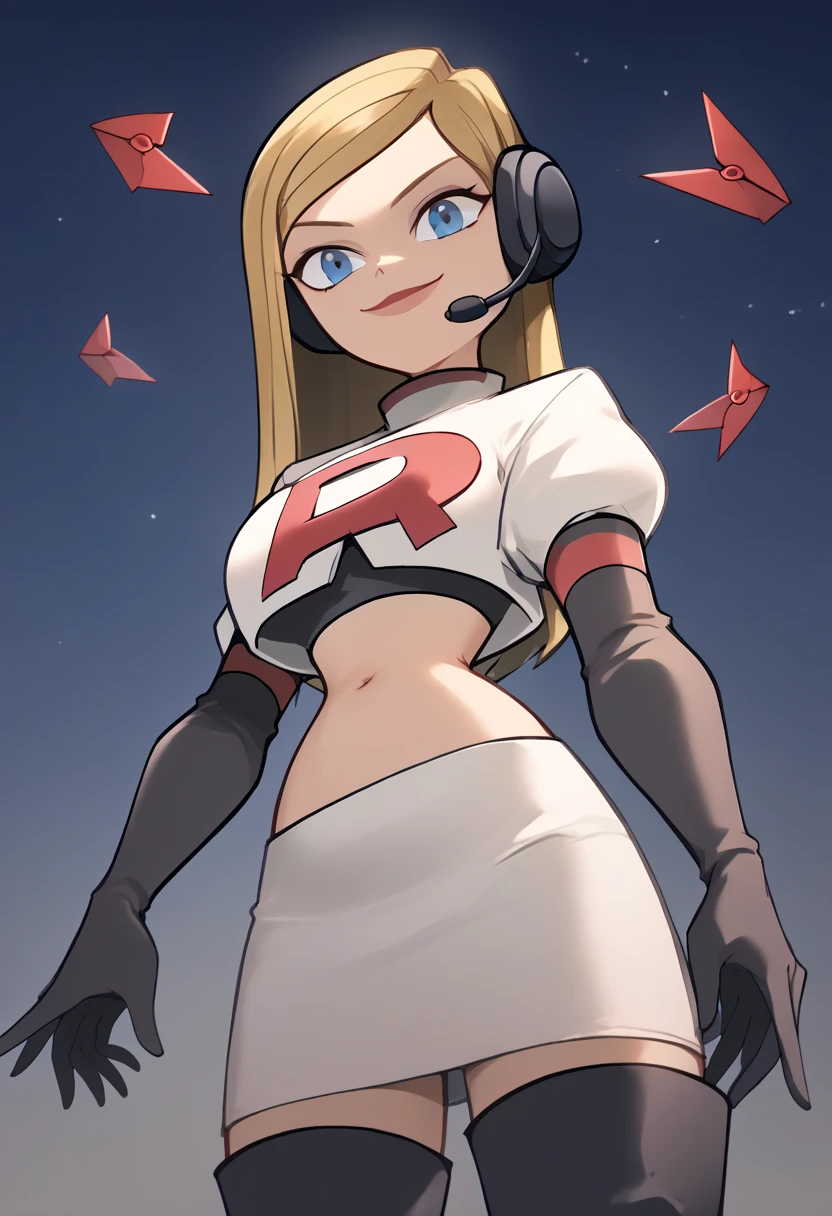 Team rocket, team rocket uniform, red letter R, white skirt,white crop top,black thigh-high boots, black elbow gloves, evil smile, night sky background, headset, large breasts, high-heeled boots, Heather_Total_Drama, black hair,