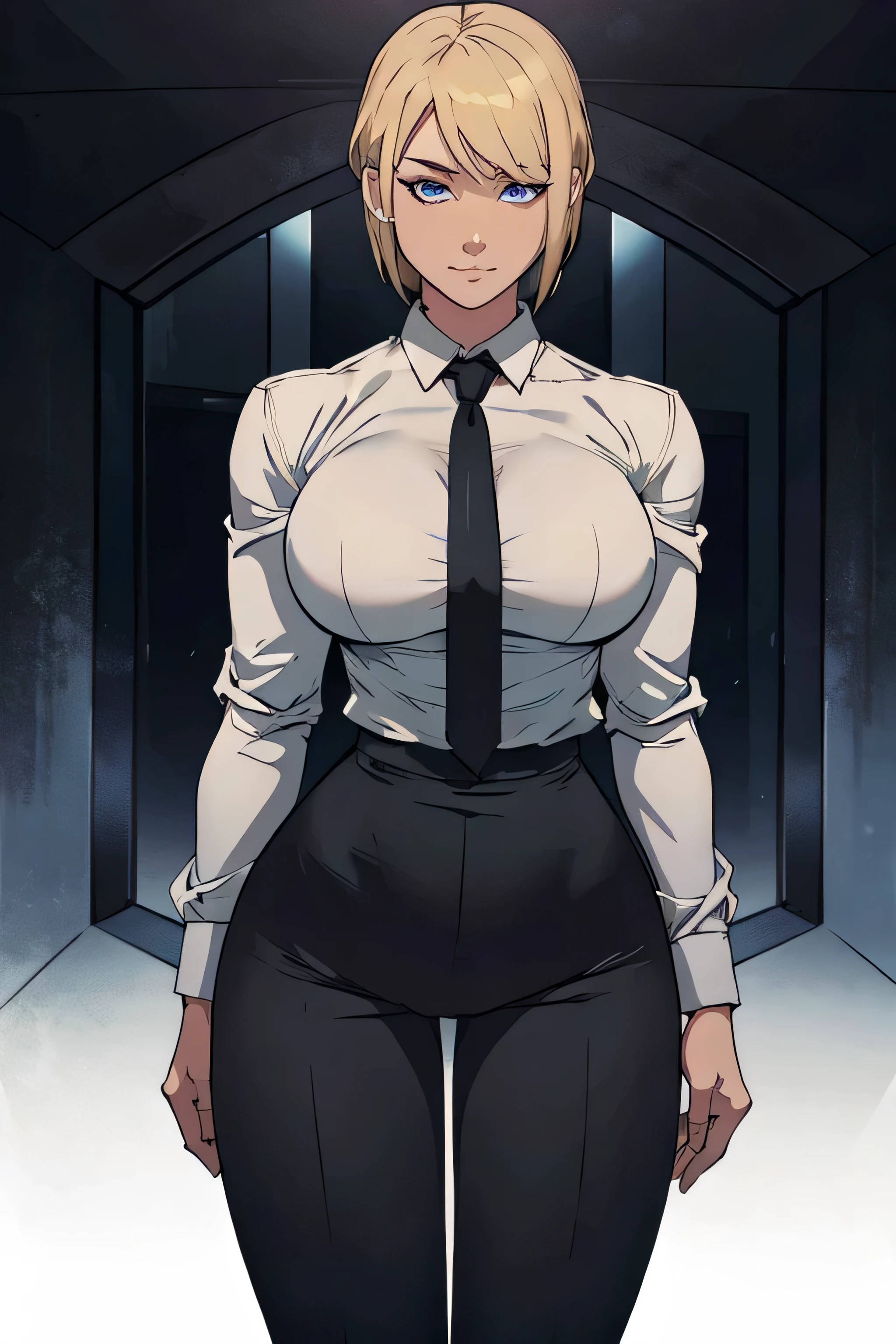 Girl with short blonde hair, blue eyes, wearing A white dress shirt, breasts, with a black tie, defined body, wearing black dress pants, defined waist, hips, collared shirt