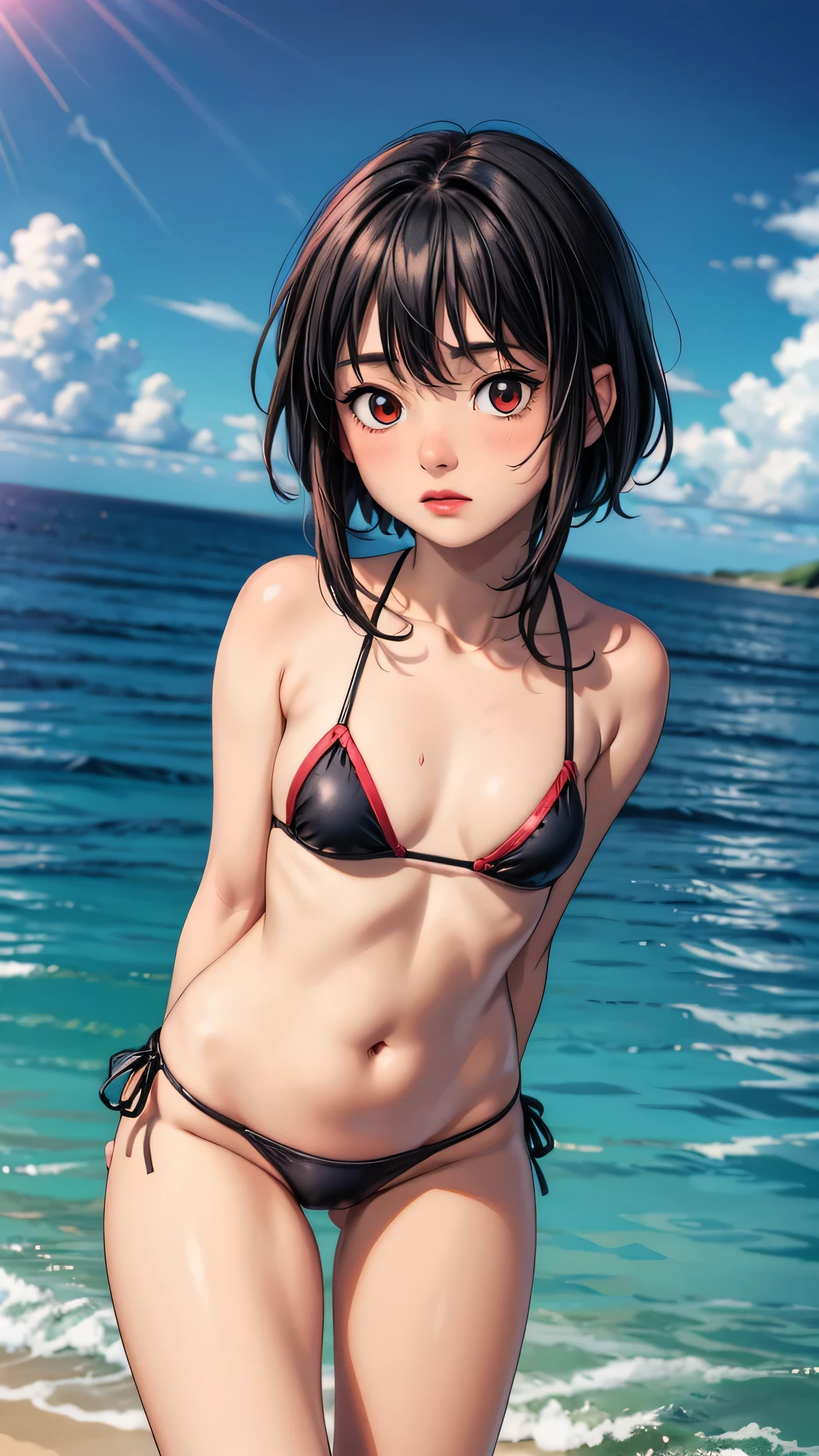 (highest quality:1.2, Very detailed, Latest, Vibrant, Super Detail, Ultra-high resolution, High Contrast, masterpiece:1.2, highest quality, Best aesthetics, there is:0.9), alone, (1 female), Megumin, short hair, black hair, (red eyes:1.3), short hair with long locks, minimal, 1girl, solo, ((black bikini)), red eyes, nose blush, shy, looking at viewer, camel toe, arms behind back, cute overload, small breasts, slim figure, contrapposto, (beautiful sandy shore), (ocean in background), (beautiful blue sky), (pulling bikini bottom down), 
