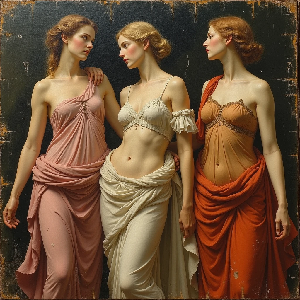 (the three graces of Rubens),(one with the face of Emily Rudd, the second with the face of Evangeline Lilly and the third with the face of Alicia Vikander), modern version of the picture, masterpiece, hyperdetailed painting, ((3girls)).