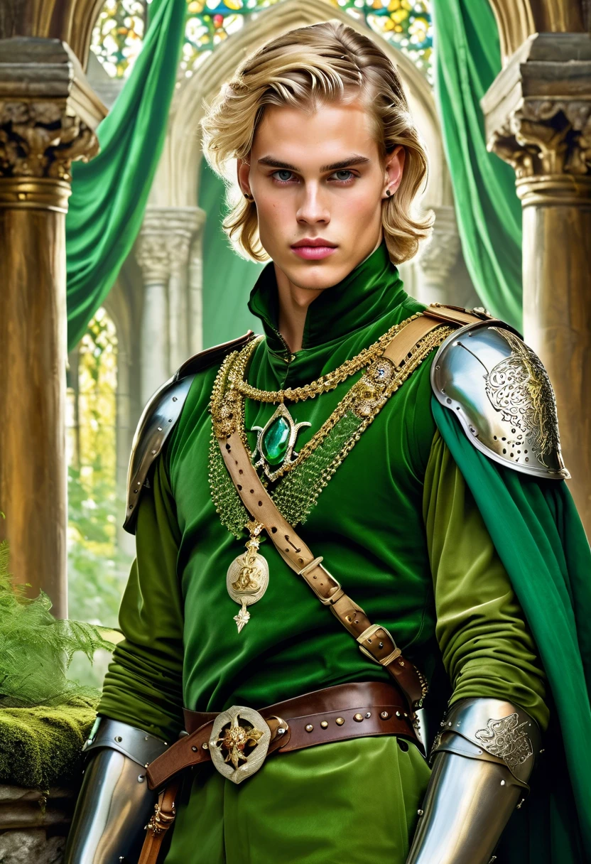 Neels Visser is a prince who has golden blonde hair, wears a moss green medieval military outfit, looking forward with piercing emerald green gaze. full body, art by Greg Rutkowski