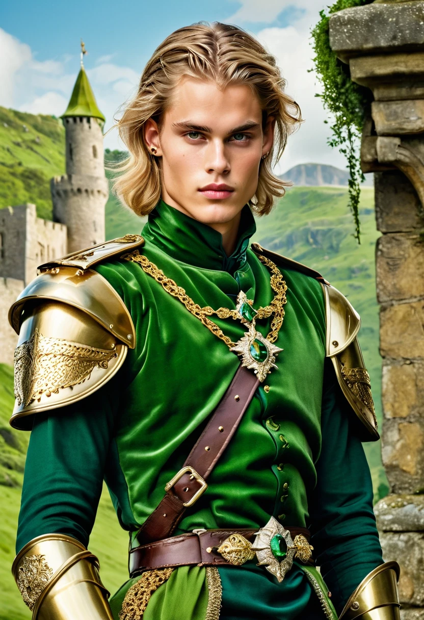 Neels Visser is a prince who has golden blonde hair, wears a moss green medieval military outfit, looking forward with piercing emerald green gaze. full body, art by Greg Rutkowski