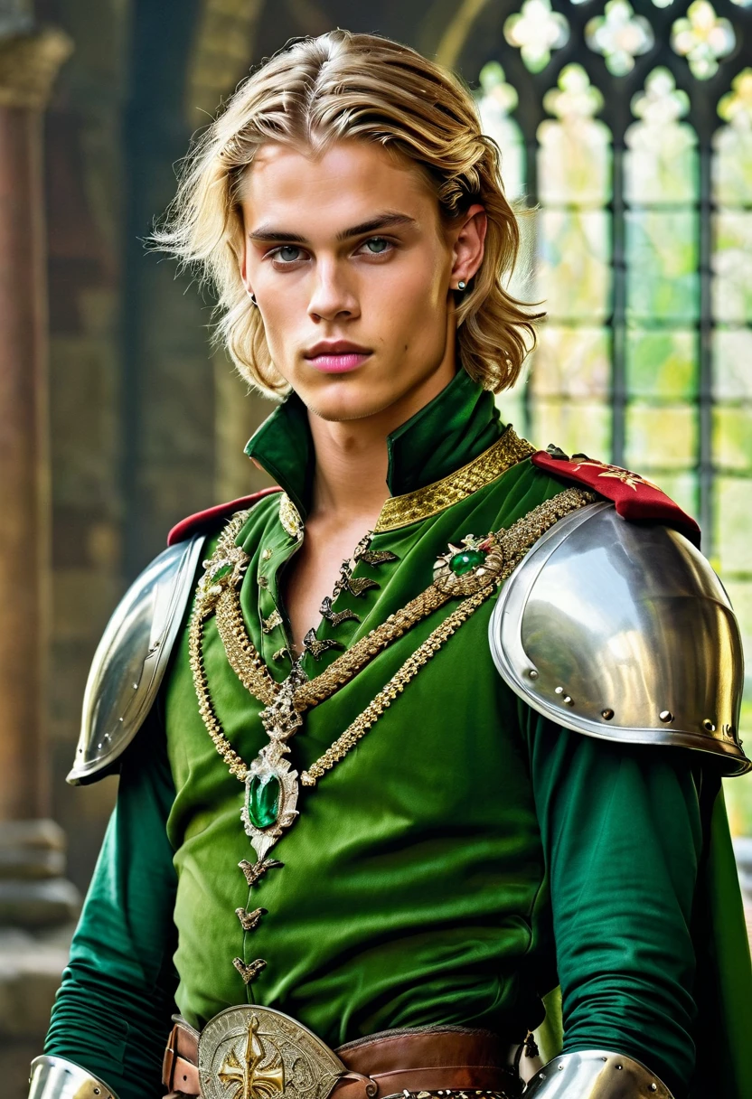 Neels Visser is a prince who has golden blonde hair, wears a moss green medieval military outfit, looking forward with piercing emerald green gaze. full body, art by Greg Rutkowski