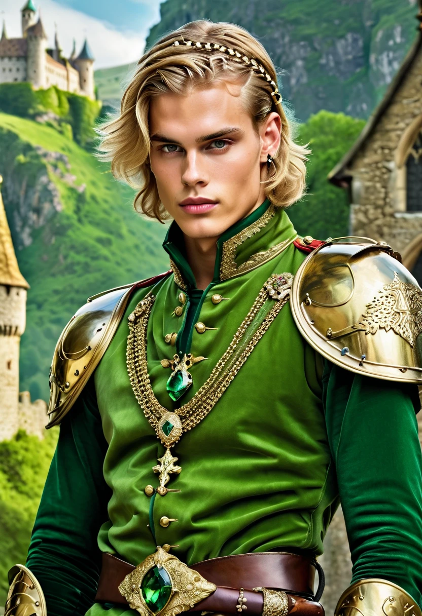 Neels Visser is a prince who has golden blonde hair, wears a moss green medieval military outfit, looking forward with piercing emerald green gaze. full body, art by Greg Rutkowski