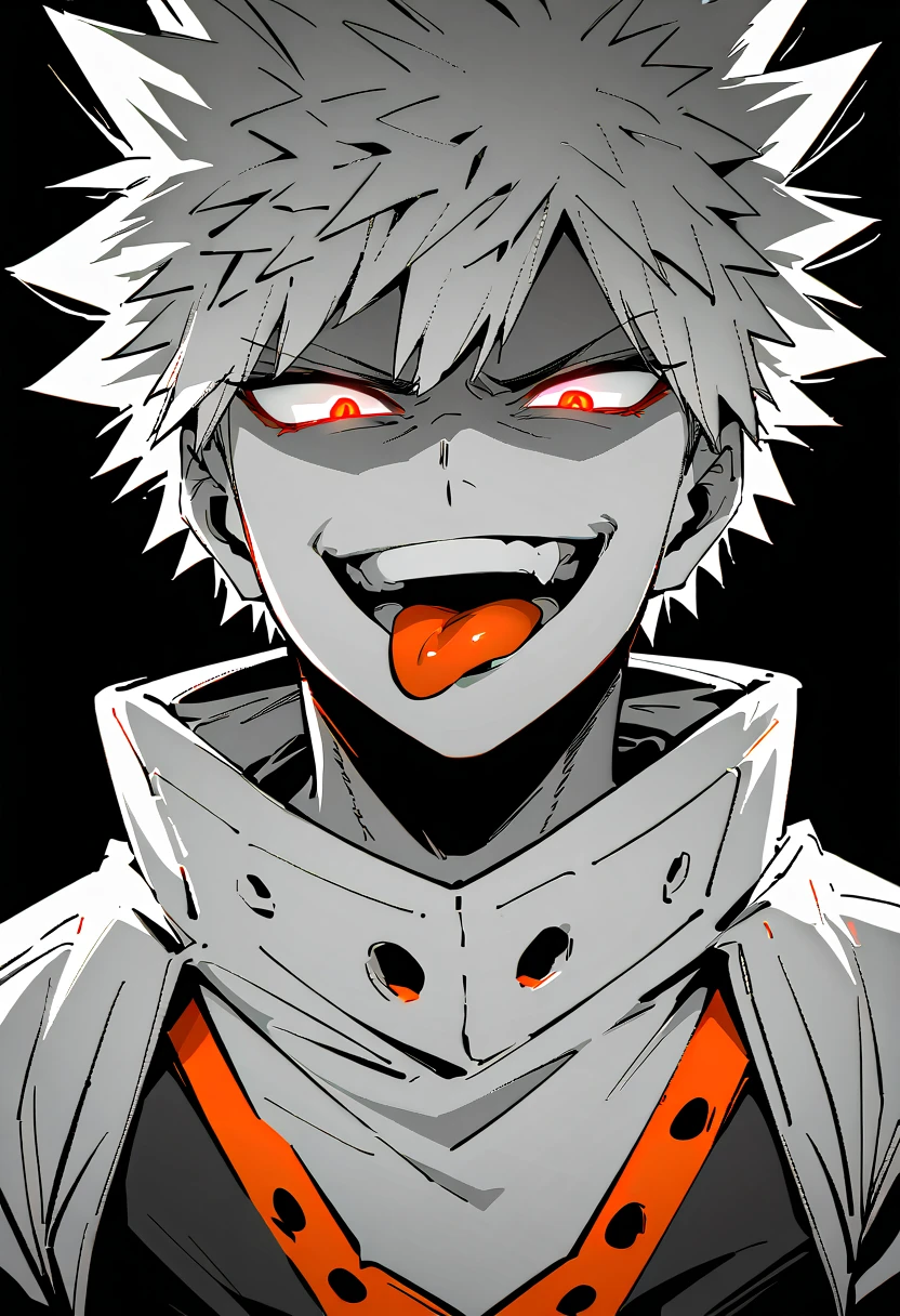 masterpiece, best quality, monochrome, greyscale, ebiblue, gesugao, 1 boy, itsuki bakugo, glowing red eyes, yellow hair , (glowing eyes:0.5), smile, tongue out, insulting viewer, upper body, looking at viewer, (black background, simple background:1.3), white outline, spot colors, shaded face