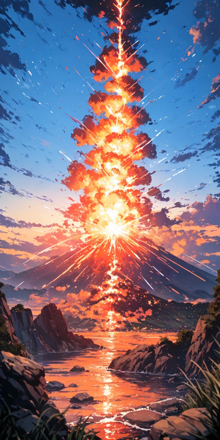 (realistic detailed volcano:1.2),beautiful red sparks,Lots of fireballs,(great eruption:1.3), lava,flare,(prominence),beautiful stardust,(burning sky:1.3),(landscape:1.4),