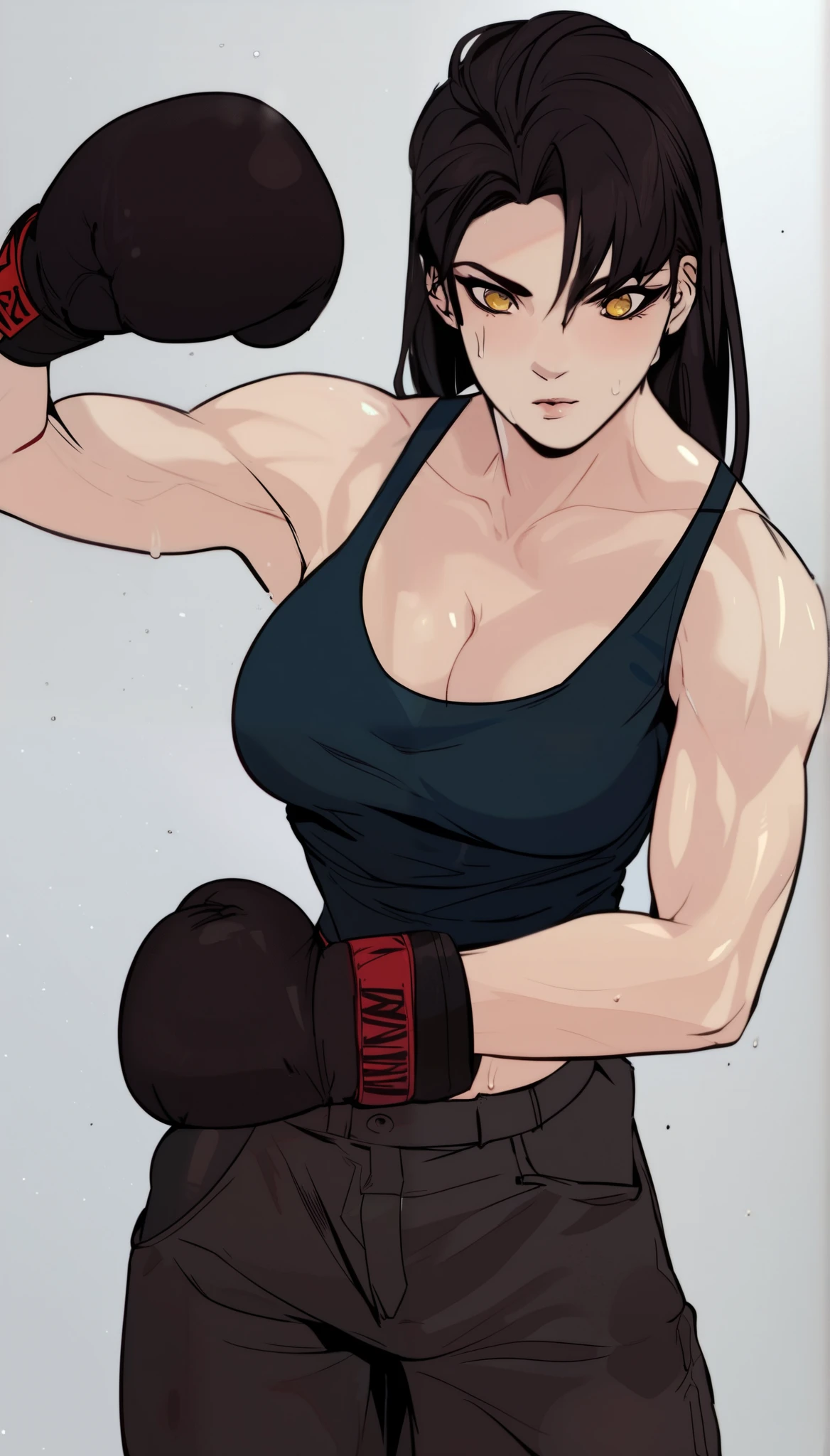 black hair,masterpiece,best quality,highres,ultra-detailed,aashizue,yellow eyes,long hair,cargo pants,(tank top:1.2), boxing gloves,cleavage,toned, sweating, (sleeveless:1.4),cowboy shot,