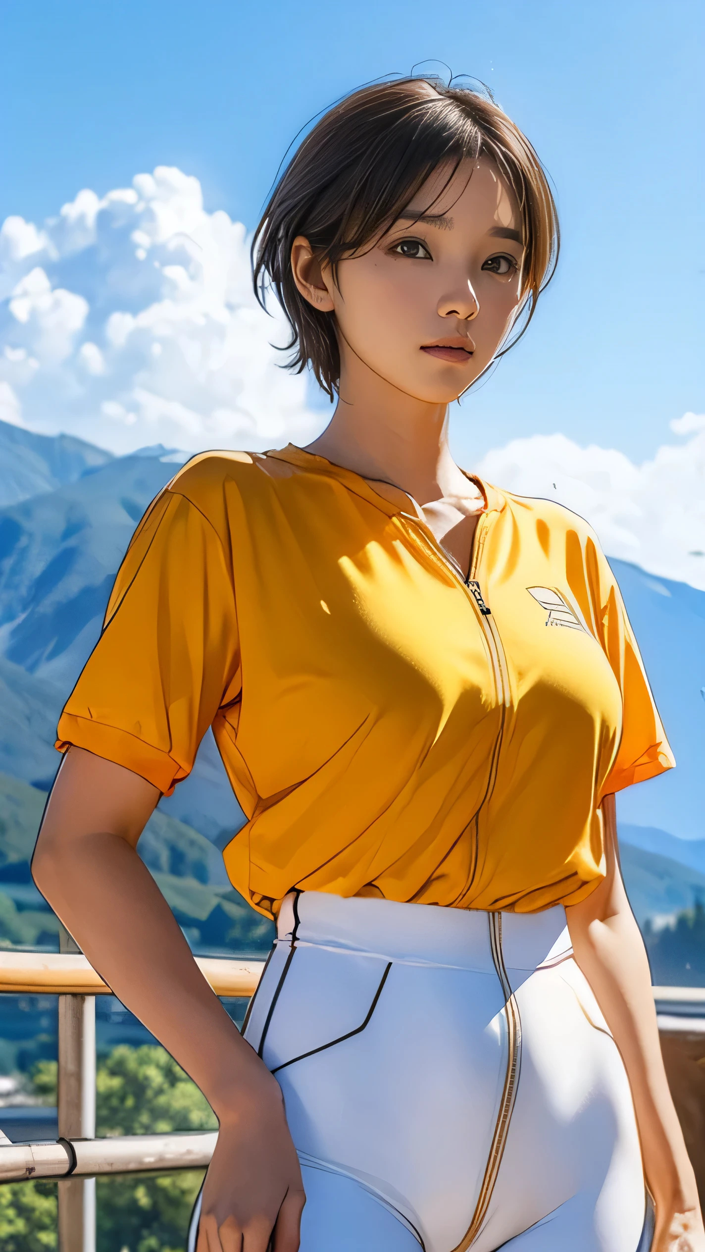 (girl, , Same height :1.2) , (Large Breasts:1.2, not good:1.2), masterpiece,Mountain Bike,Cycling enthusiasts,beautiful girl,business attire,Blue sky and white clouds,8K, 日本のgirl , Very short hair , Camel toe, (High color saturation:1.0), (The skin is very delicate), (best quality:1.0), (Ultra-high resolution:1.0) ,(Practical:1.0), (Very detailed:1.0), (8K, RAW photos:1.1)