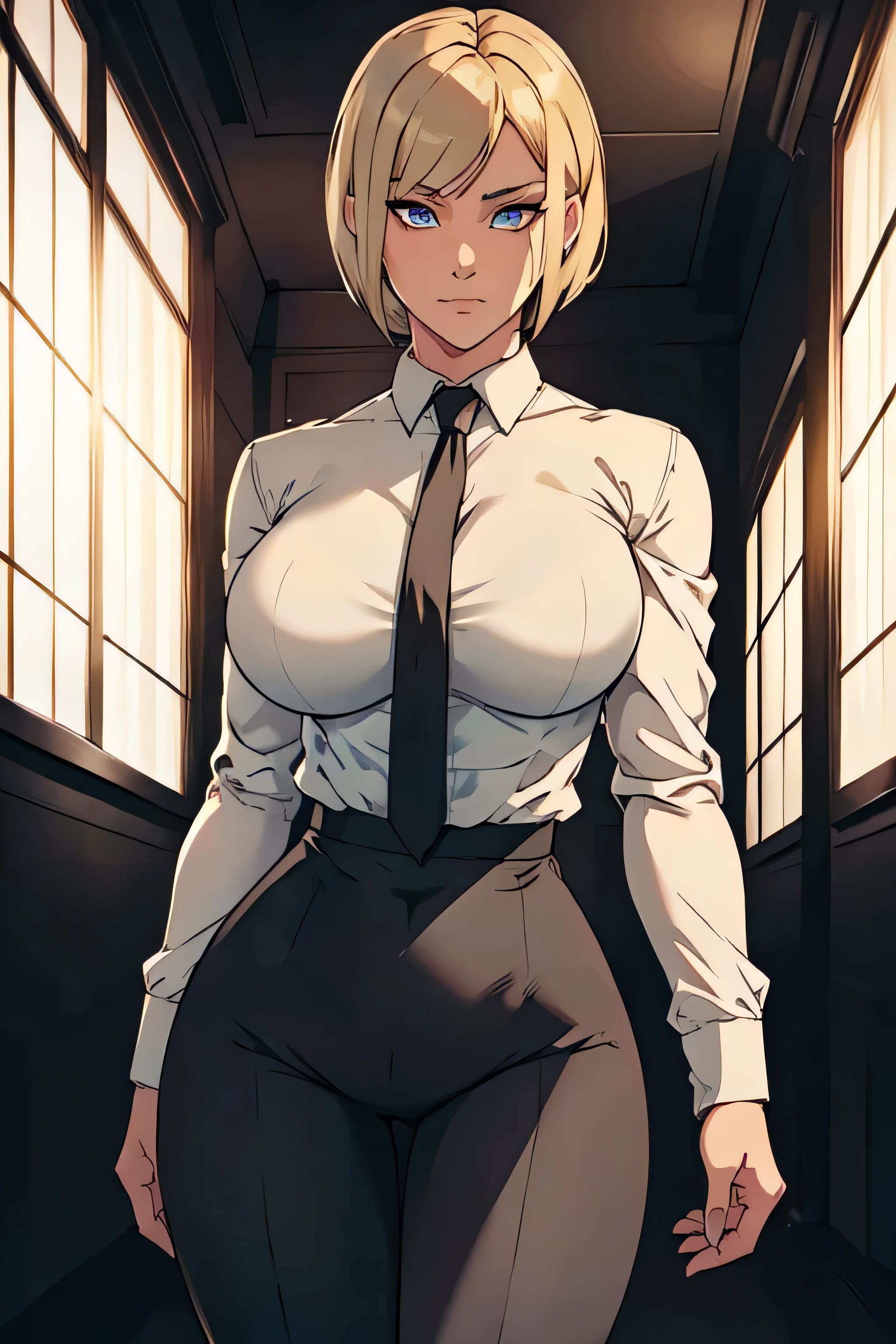 Girl with short blonde hair, blue eyes, wearing A white dress shirt, breasts, with a black tie, defined body, wearing black dress pants, defined waist, hips, collared shirt