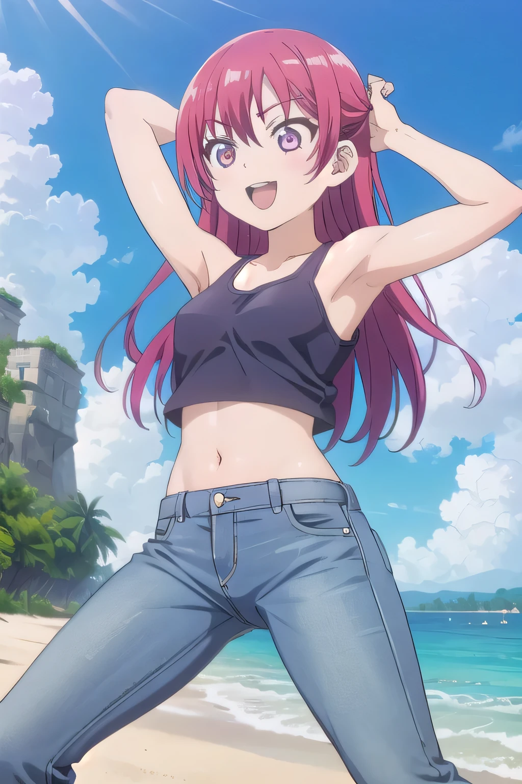 masterpiece,best quality,ultra detail,1girl, 14yo,petite, smile happily,background((under the beach, (day:1.2), under sand beach, bright sky)), Saki Saki, red eyes, red hair, straight long hair, Raise your arms and bring them behind your head, White tank top, White crop top, jeans, blue pants, (flares jeans 1:1), blue jeans, sex pose, (legs spread:3:1), orgasm, from below