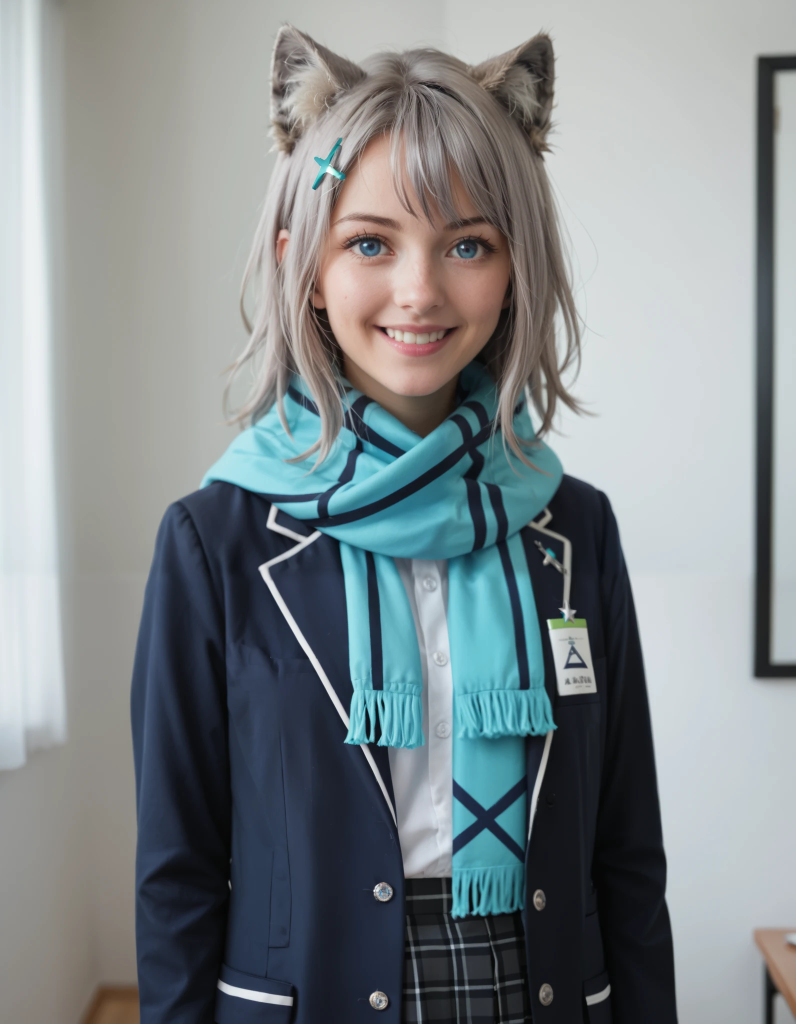 Masterpiece, hd , realistic , shiroko sunaookami, animal ears, blue eyes, grey hair, hair ornament, hairpin, halo, medium hair, wolf ears, checkered clothes, checkered skirt, school uniform, skirt, scarf,, indoors, smile,, looking at viewer, solo, cowboy shot, standing 