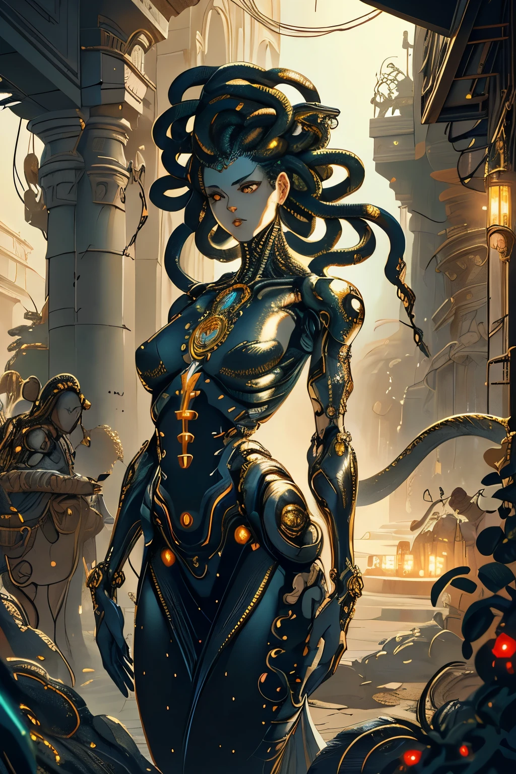 Beautiful Alluring female cybernetic cyberpunk medusa, Bare Skin, Athletic Well Toned Body, Elegant Form, glossy scales Skin, inside a cyberpunk greek temple, Barely Clothed, gold jewellry, exposed mechanical parts, mechanical limbs, mechanical tail, glowing parts, Beautiful Face, the hair is composed of countless small snakes, Ominous Gothic Theme, Fiverr Dnd Character, Octane Render, Digital Art, Extreme Detail, 4k, Ultra Hd, Polished, Beautiful, Hyperdetailed, Intricate, Elaborate, Meticulous, Photorealistic, Sharp Focus, Wlop, Character Design, Unreal Engine, 3d Rendered, Volumetric Lighting, Reflections, Glossy, Digital Illustration, Sensual Pose, Suggestive Pose, Lewd, Full Body Shot, naked, vissible , puffy , anatomically correct, 💖❤💕💋