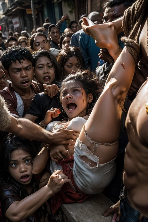 A riot peoples revolution in Indonesian, a young sweet beautiful Indonesian georgeus girl, twenty two years old, slim body, glamor and rich girl, crying out being pulled and forced to draging down brutaly by some adult men to the street court, she is tied, very messy hairs, ssome makeup still remain on her pretty face, he got many  punishment by the peoples, only wearing her damage and dirty  underwear after her clothes has torn aparts and destroyed,  some bloody wounds on her skins, scary and panic eyes, sadistcs and horrible situation, realistics, detail and natural, she is crying for mercy, fire and dead body  scattered everywhere,  massacre,