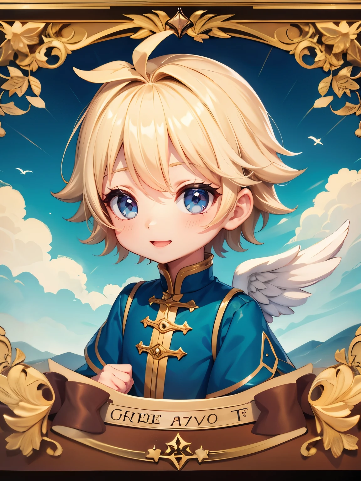 Chibi boy sticker, cute character , Boy gender male, blonde with blue eyes, with white wings on its back, dressed in prince's clothes, medieval clothes , fancy, sitting on a cloud