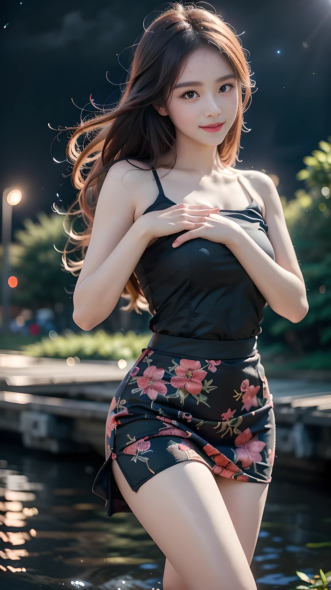 1girl, 19 years old, ((city in Vietnam)), ultra high resolution, (actual: 1.3)), ((random pose)), deep darkness, (best quality, masterpiece), shade, flustered, blushing, high detail, depth of field, film grain, wrinkled skin, looking at the viewer, dancing, warm smile, alone, dancing by a vast river in the middle of a wild forest, beautiful lanterns floating on the river, ((under the starry night sky, dark scene: 1.1))、(exposed thighs), uniform blue flared skirt, (masterpiece, best quality: 1.5)