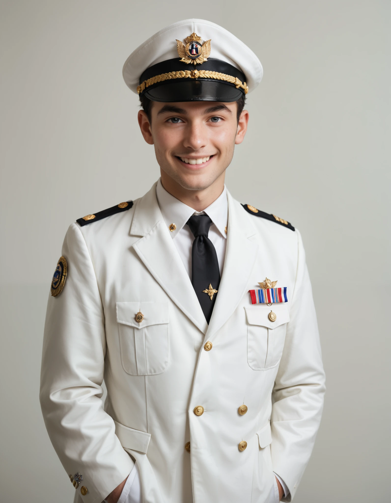 (masterpiece:1.3), (best quality:1.3), (ultra-detailed:1.3), 1boy, young man, 30 y o, black hair, smile, potrait photo, military cap, white collared shirt, black necktie, white jacket, white coat, military uniform, rank, medals, wings