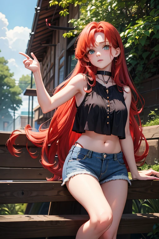 1 woman, (((((UHD))))), (((((masterpiece))))), ((((super detail)))), high details, ((((high quality)))), ((((best quality)))), (((highres))), ((((16k)))), ((Shadows)), ((bright red hair)), hair over shoulder, side swept bangs, (casual clothing), ((jeans)), (outside a park), (daytime), ((black crop top)), heart-shaped pupils, one eye closed, sparkling eyes, ((big beautiful light blue eyes)), crystal earrings, grin, bright pupils, (evil smile), natural lips, light blush, cheek-to-cheek, sparkle, god rays, backlighting, reflection light, bloom, dutch angle, perspective, from above, from behind, beautiful ass, ((fat ass)), ((defined jawline))