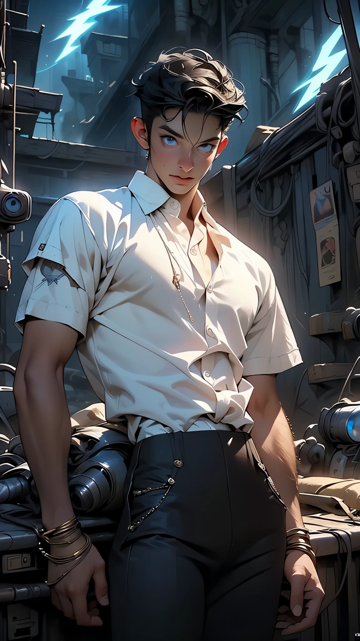 white tank top, denim vest, blue jeans, emo hair, bionic arm, Cyberpunk, Brown hair, blue eyes, futuristic city, Very detailed, high resolution, Best Quality, 18 year old man