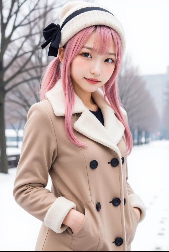 1 girl,coat,knitted hat,winter clothes,white breath,winter,winter cold sky,cute girl pattern height,source_anime,rating_questionable,anatomically correct,best perspective,1 cute girl,pink hair,ponytail,black ribbon,pink eyes,happy Smile,medium breasts,masterpiece,best quality,ultra detailed,8k portrait,highly detailed,super detailed skin,highly detailed background