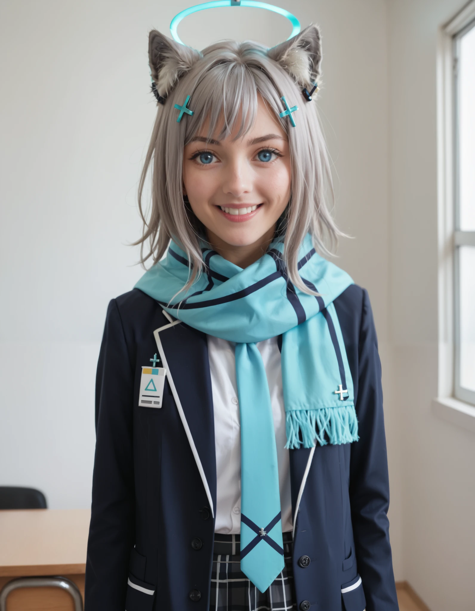 Masterpiece, hd , realistic , shiroko sunaookami, animal ears, blue eyes, grey hair, hair ornament, hairpin, cross hairpin, halo, medium hair, wolf ears, checkered clothes, checkered skirt, school uniform, neck tie,  skirt, scarf, indoors, smile,, looking at viewer, solo, cowboy shot, standing 