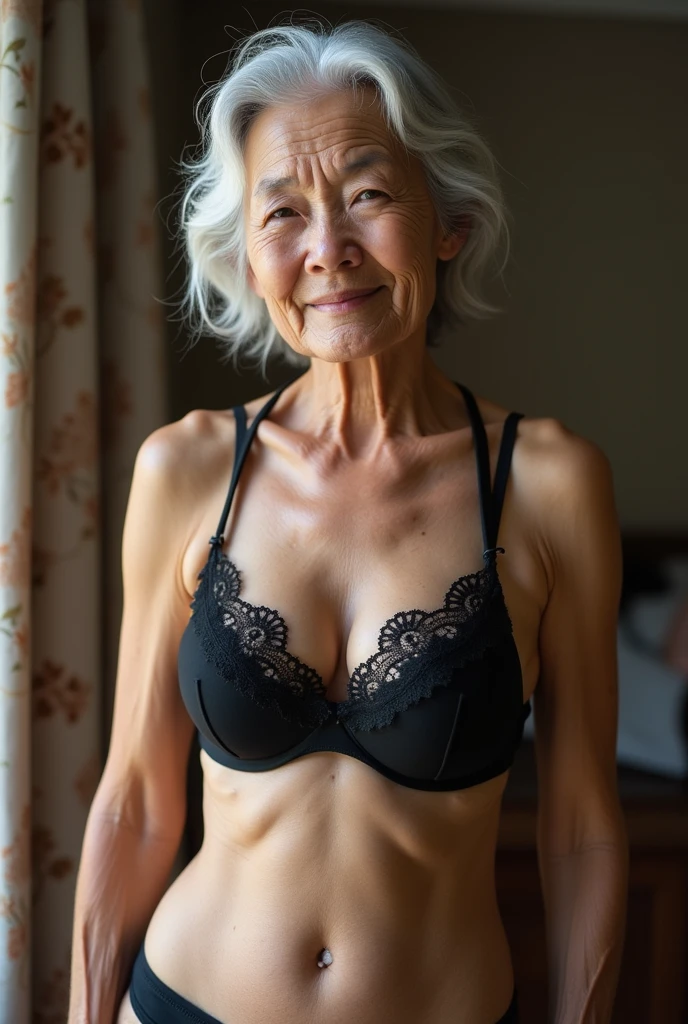 An 80 year old lady with athletic body, channel style straight white hair, greeneyes. wearing panties and bra. Standing backwards and looking back. 8K.uhd.Hyper-realistic