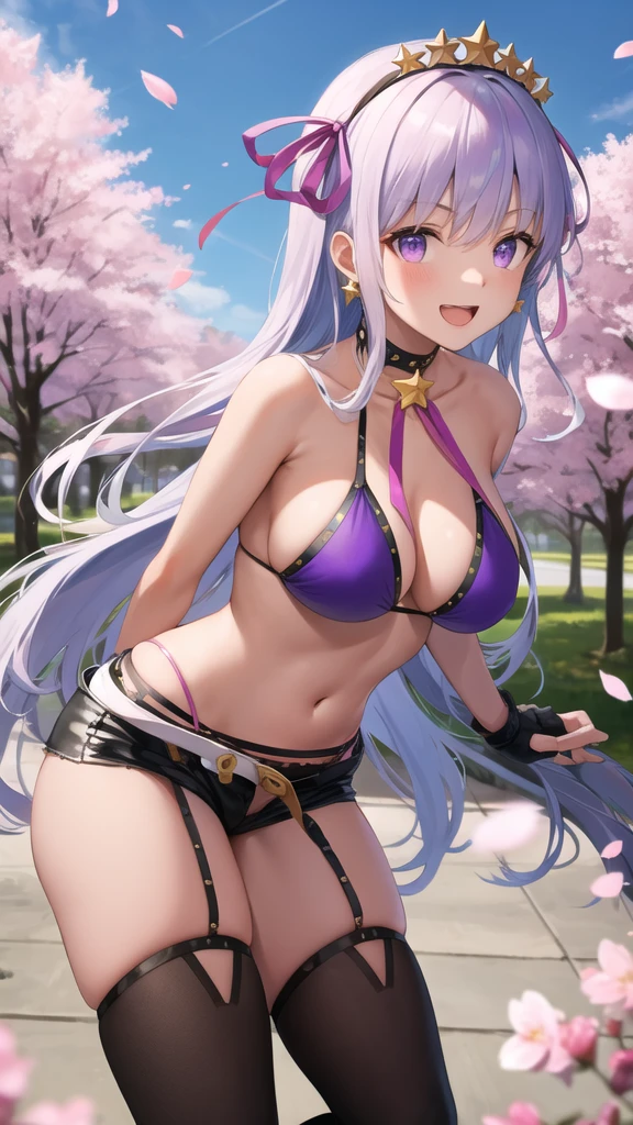 masterpiece, best quality, highres, aabb, long hair, hair ornament, hairband, hair ribbon, purple ribbon, star earrings, dark skin, tan, choker, neck ribbon, purple bikini, bracelet, fingerless gloves, black gloves, white belt, black shorts, black thighhighs, arms behind back, smile, open mouth, standing, cowboy shot, leaning forward, outdoors, cherry blossoms