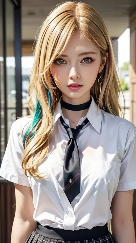 (cowboy shot), face focus, look at viewer, standing, outdoors, nsfw, 
1girl, gal, shiny skin, (right smile, close own mouth), 
long hair, (((multicolored hair, Curly hair:1.2, wavy hair))), (((blonde hair:1.2))), ((blue necktie)), 
jewelry, earrings, piercing, 
school uniform, ((white button-up shirt, open uniform)), tied shirt, plaid skirt, 
black choker, 
shiny pink cheeks, glossy pink lips, pink eyeshadow, Dark eyeliner, Dark mascara, under-eye bags, 
Blurred Background, Fantastic, Epic Scale, 
(best quality), (high quality), (masterpiece), (4k,8k,raw photo), (((Highly Detailed Face and perfect Skin Texture))), 
Depth of written boundary, (((Very elegant and beautiful, Perfect detail, Super detailed))), Beautifully detailed whole body,