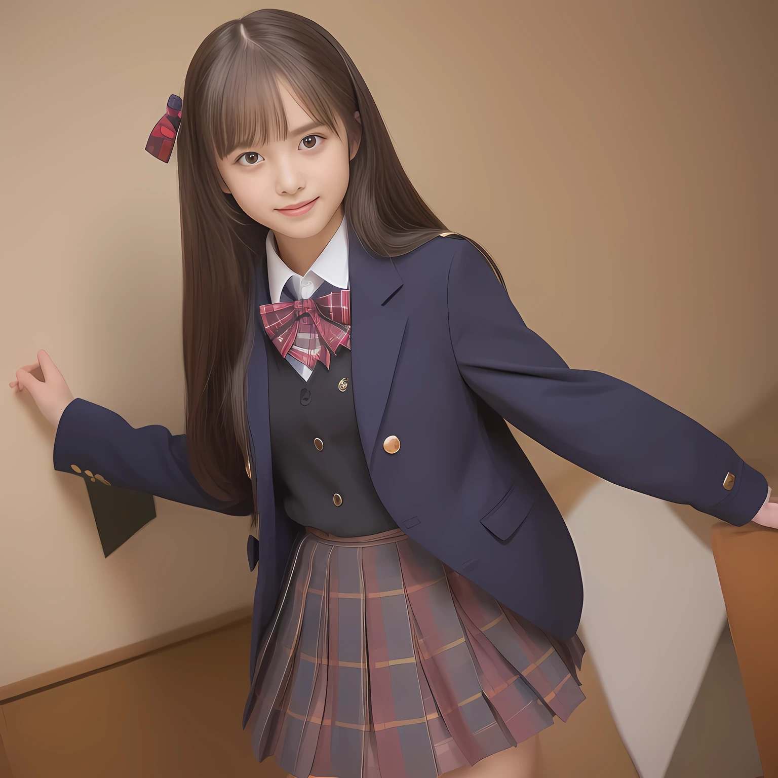 (Highest quality, masterpiece:1.2), Highest quality, High resolution, 1080P, 8k, (Super-pretty long hair hair super-beautiful super-bewitching super-cute expensive school-uniform pretty slender 13yo girl of most beautiful school-uniform girl models photo magazine in Japan: 2.0), (neat gorgeous school uniform of private high school in Japan. navy-school-blazer with gold-emblem, super-neat blue-tartan-checkered pleats-school-skirt, super-girly red ribbon on the breast: 1.5), (bewitching expression, smile, lips, and pose to corrupt the viewer), (clearly detailed foreground focusing on girl's cuteness, plain dark blue background), (full body shot)